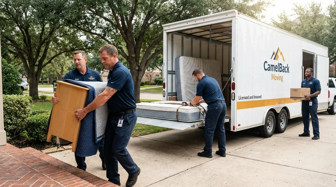Crew loading residential truck for cross-state move from Monrovia, IN