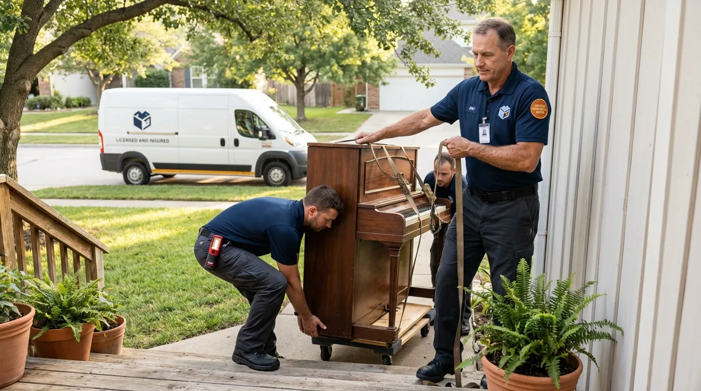 Licensed piano movers securing grand piano in Monrovia, IN