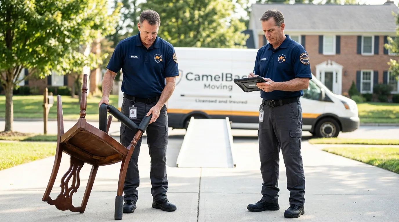 Movers inspecting furniture for damage prevention before loading in Monrovia, IN
