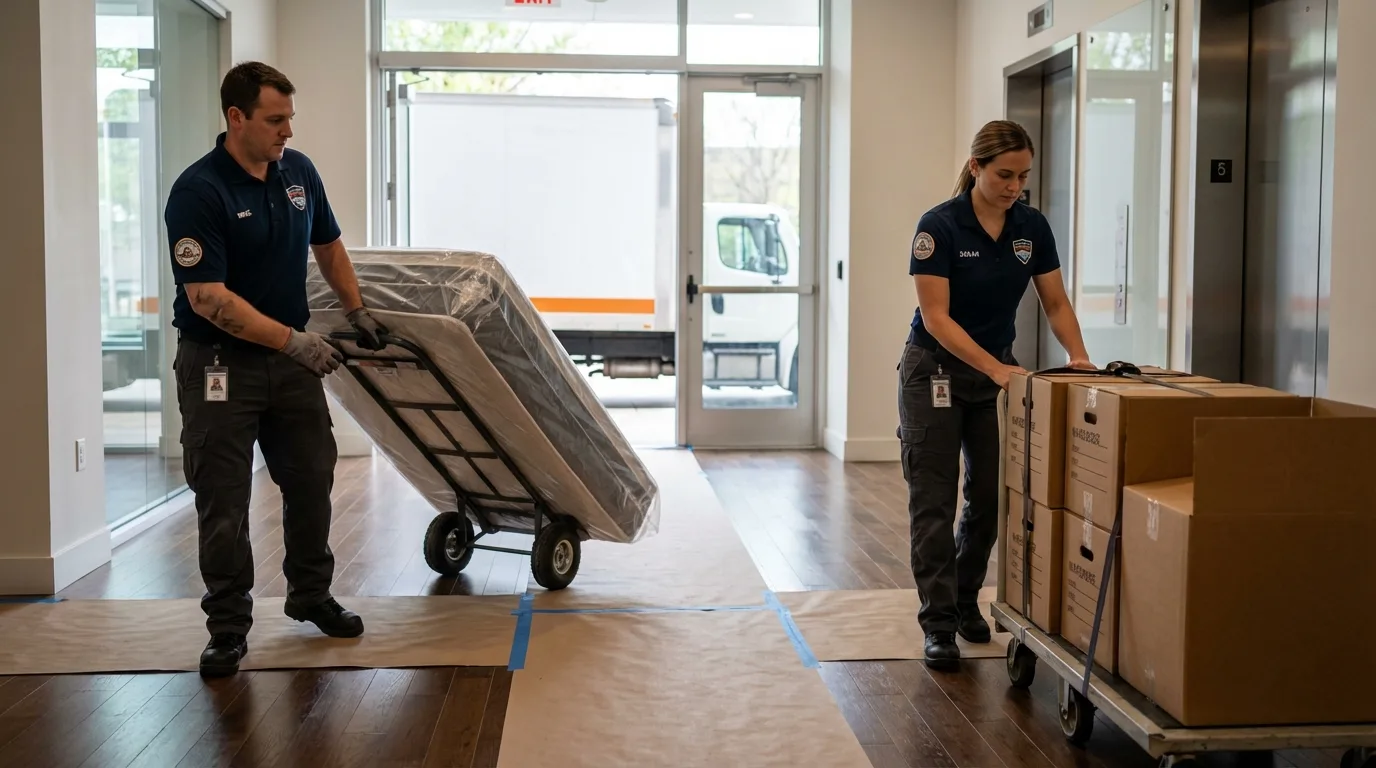 Professional apartment movers loading elevator in Monrovia, IN