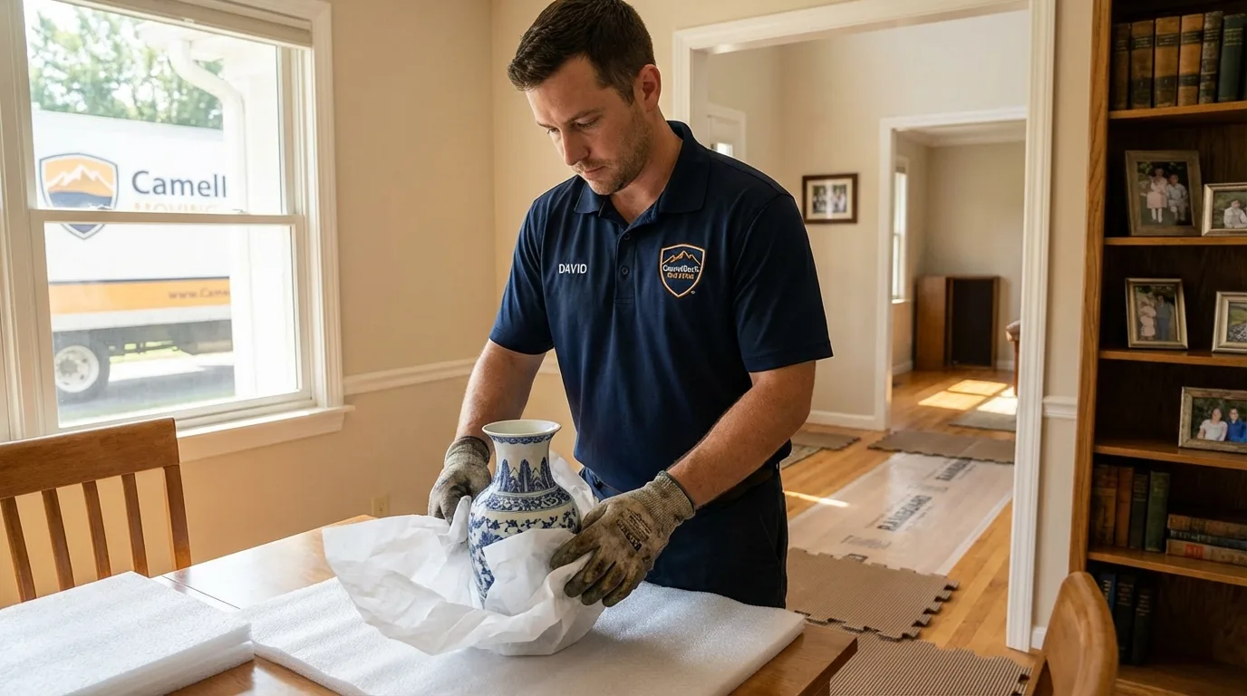 Professional crew carefully wrapping antique vase for senior downsizing move in Monrovia, IN